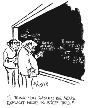 Science cartoon about being careful to show all logic steps.